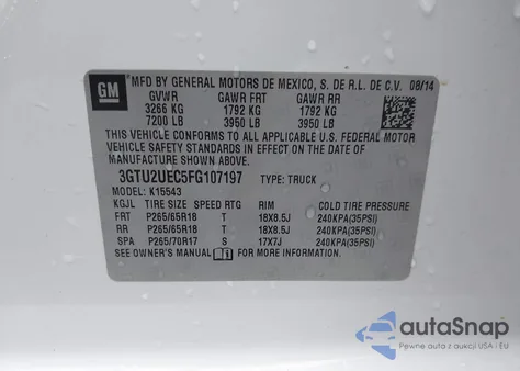 2015 GMC Sierra 1500 Sle from USA, damaged, VIN 3GTU2UEC5FG107197